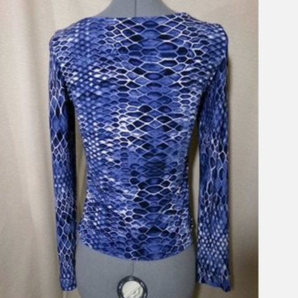 Snakeskin print Jersey T-shirt blouse XS Blue Black design Boat neck Long sleeve - Picture 7 of 9